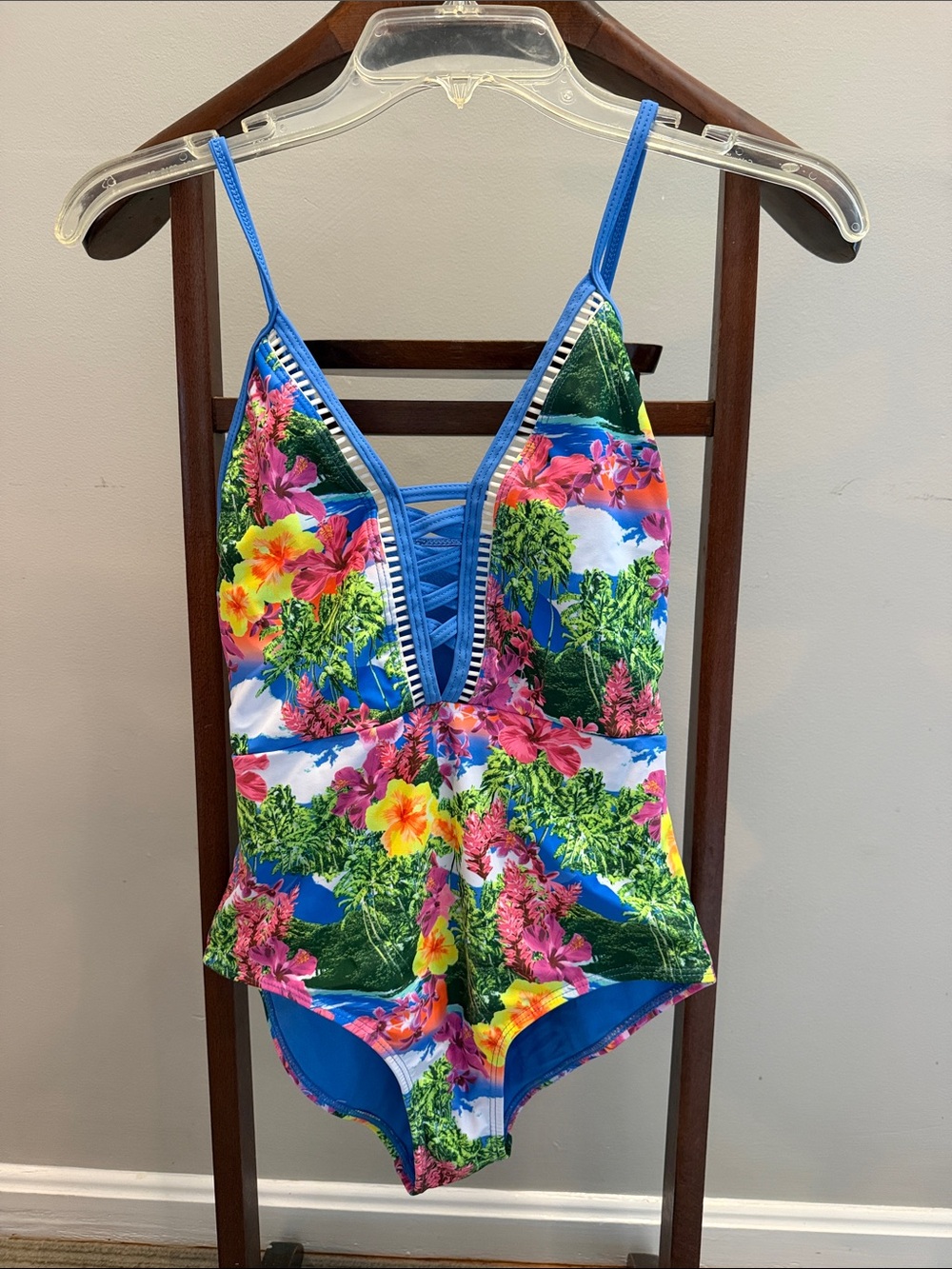 Nicole Miller Bright Blue Tropical Floral One-Piece Swimsuit